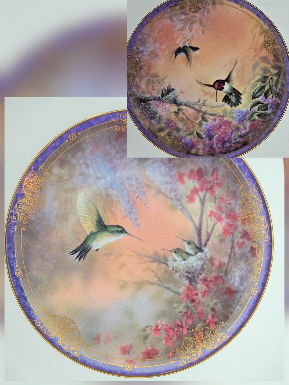 2 Bradford Hummingbird Decor Plates Wings of Grace, Garden Whispers W.S. Martin
